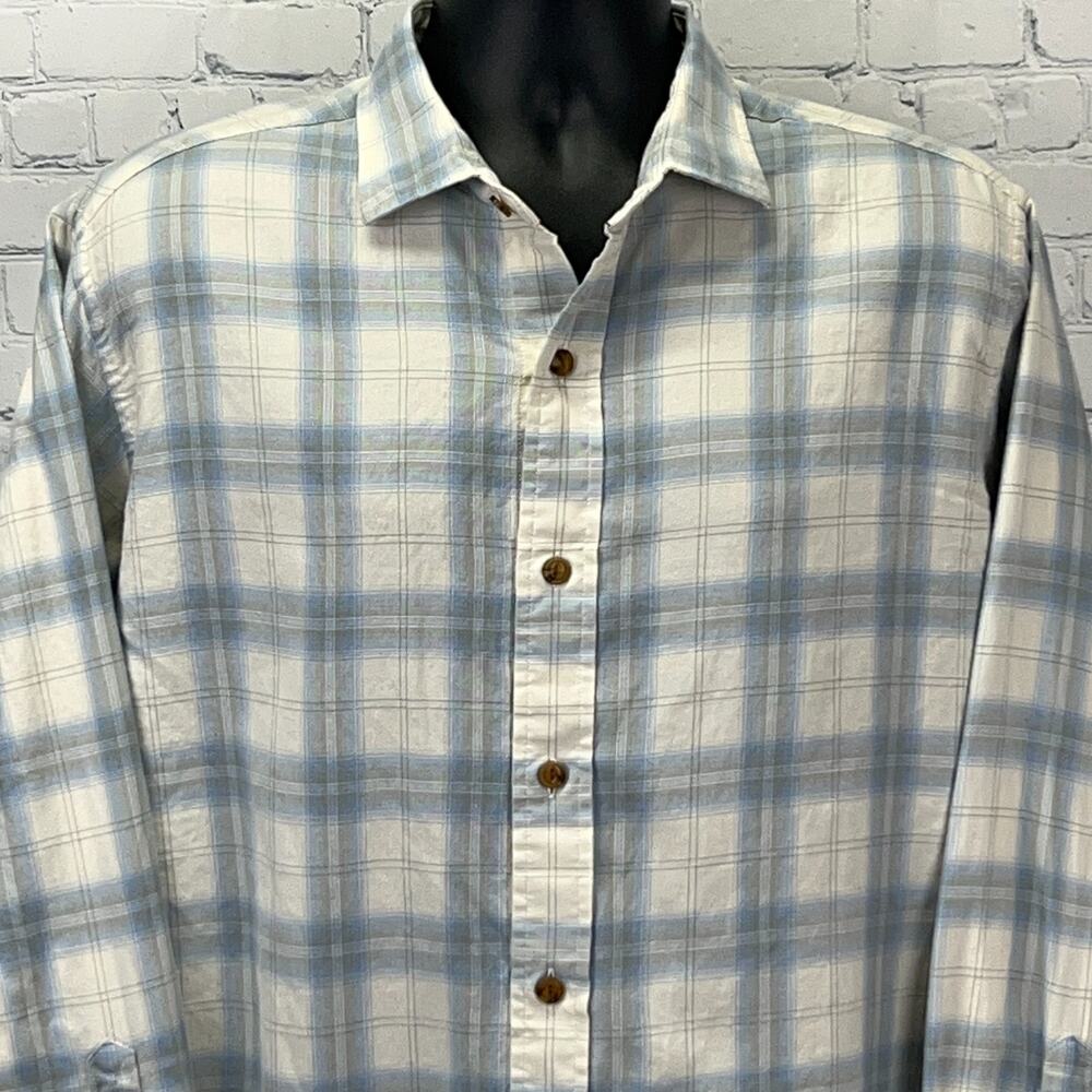 Orvis Classic Fit Shirt Mens L Large Blue Plaid Cotton Tencel Long Sleeve Casual